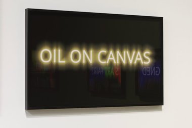 Paul Hartigan, Oil on Canvas, 2024, neon on paper. MED: 450 mm  x 720 mm x 40 mm; LGE: 560 mm x 920 mm x 40 mm