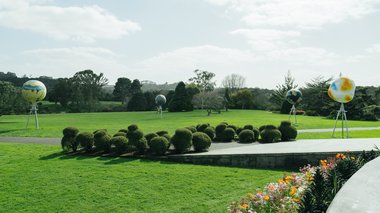 Ruth Watson's Other Worlds (2018-2024) steel, polystyrene, cement/fibreglass mix, paint, 4435 x 2000 x 2000 mm, at Auckland Botanic Gardens. Courtesy Auckland Council Public Art. Photo credit: David St George