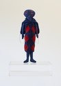 Te Maari (E) Polly Wiremu, Pūkeko of Paengaroa, 2024, felt, wool/mohair/synthetic fibre (knitted elements), cotton (embroidery), custom acrylic stage 32.5 x 14 x 5 cm (figure), 32.8 x 25 x 14 cm (stage)