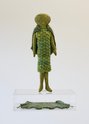 Te Maari, (E) Hōri Taranaki, Kākāpō-Groundparrot of Broadway, 2024, felt, wool/silk/mohair/synthetic fibre (knitted elements), cotton (embroidery), custom acrylic stage, 33 x 12 x 5 cm (figure), 32.8 x 25 x 14 cm (stage)