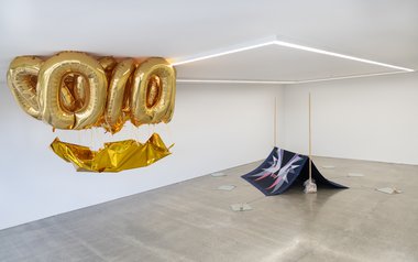 Installation view of Mikala Dwyer's Shards and Stones, Sticks and Bones at Starkwhite in Auckland. Little Gold Cloud on the left. Nest is on the right.