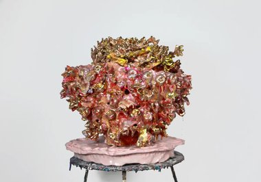 Virginia Leonard, Eating with Blue Blood and Village Knickers, 2025, clay, resin and lustre, 400 x 500mm plus ceramic tray.