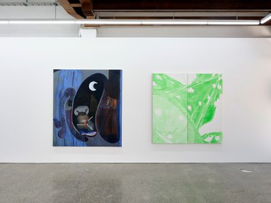Ammon Ngakuru, Jonah and the Whale, 2025, oil on canvas, 1850 x 1650 mm; Maggie Friedman, Untitled (Jeff Koons, Party Hat, 1995-97, The Broad Museum Los Angeles, 2025), 2025, oil on canvas, two elements each 1830 x 1145 mm