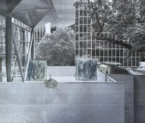 Ammon Ngakuru, preparatory drawing/collage for installation of Three Scenes 2025 sculpture proposal at AAG.