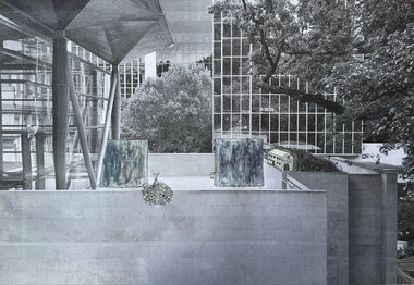 Ammon Ngakuru, preparatory drawing/collage for installation of Three Scenes 2025 sculpture proposal at AAG.
