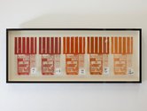 JBB & Greg Thomas, original mixed grain, 2025, Screenprints on plastic, permanent marker on adhesive labels, 5 parts, each 26.7 x 16 cm, 38 x 95.5 cm framed