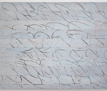 Hugo Koha Lindsay, Vowels No.8, Cut and Reordered, 2026, graphite compound and synthetic polymer on cotton duck, 1370 x 1980 mm