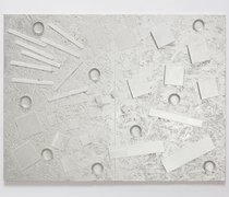 John Nixon, Silver Monochrome (Zurich-Melbourne), 2006-2008, enamel paint, coins, bottletops, washers, grit on oriented strandboard (OSB), 450 x 600 mm