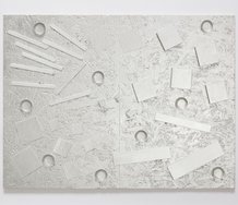 John Nixon, Silver Monochrome (Zurich-Melbourne), 2006-2008, enamel paint, coins, bottletops, washers, grit on oriented strandboard (OSB), 450 x 600 mm