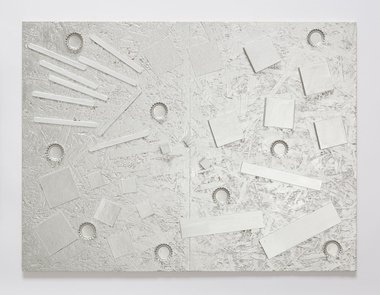 John Nixon, Silver Monochrome (Zurich-Melbourne), 2006-2008, enamel paint, coins, bottletops, washers, grit on oriented strandboard (OSB), 450 x 600 mm