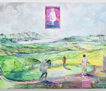 Shane Cotton, Stained Glass Sky, 2026, acrylic on canvas, 900 x 3000 mm