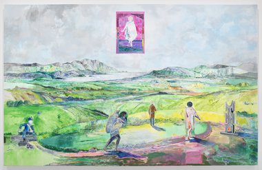 Shane Cotton, Stained Glass Sky, 2026, acrylic on canvas, 900 x 3000 mm